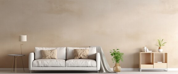 Fototapeta na wymiar Minimalist living room interior design with beige sofa, creative metal side table and modern home accessories. Wallpaper. Copy space. Template.
