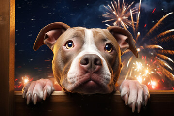 A pit bull dog looks out the window with a sad expression on his face on New Year's Eve celebrations.