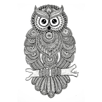 Owl Mandala Black and white, pen art ornament