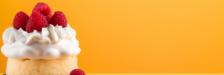 A dessert with whipped cream and raspberries on a yellow background, advertising banner, web...