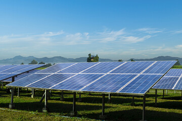 solar panels against blue sky background. Photovoltaic, alternative electricity source. sustainable resources concept.
