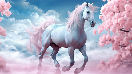 Obraz na płótnie Canvas white horse runs gallop HD 8K wallpaper Stock Photographic Image 