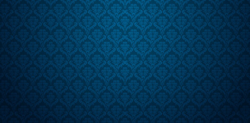 vector illustration seamlessly patterns dark blue damask wallpaper for Presentations marketing, decks, Canvas for text-based compositions: ads, book covers, Digital interfaces, print design templates - obrazy, fototapety, plakaty