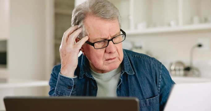 Senior man, documents and taxes with laptop, confused or thinking for inspection to check paperwork. Old person, stress and contract for insurance, investment or financial review by computer in home