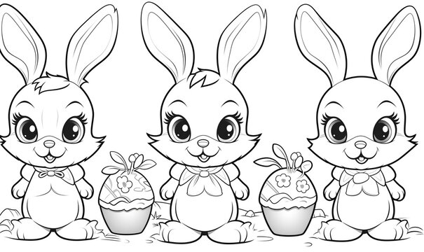 Coloring page of Easter bannies, black white illustration on white background