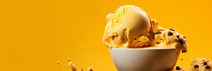 A scoop of peanut butter ice cream being drizzled over cookies on a yellow background, advertising banner, web banner, Place for your text, copy space, empty space, Generative AI