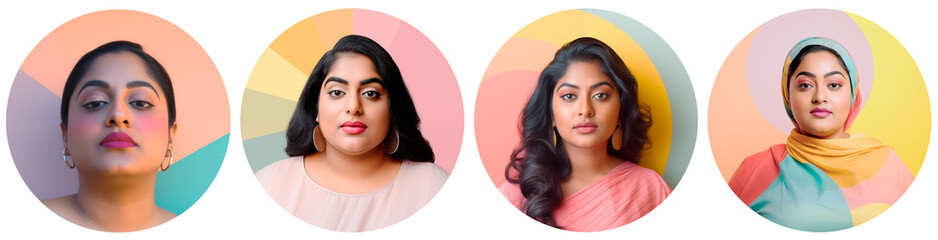 Collage of portraits of Indian modern plus size women. Set of plump woman portraits in a circle for userpic and profile picture. Isolated on a transparent background. - obrazy, fototapety, plakaty