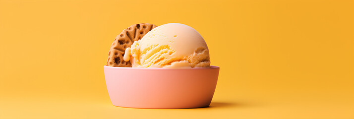 white ice cream on a brown cookie on a yellow background, advertising banner, web banner, Place for...
