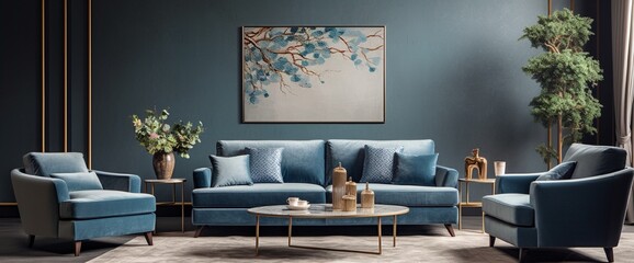 Real photo of an elegant living room interior with a blue sofa, armchair, coffee table, patterned carpet and paintings on the gray wall