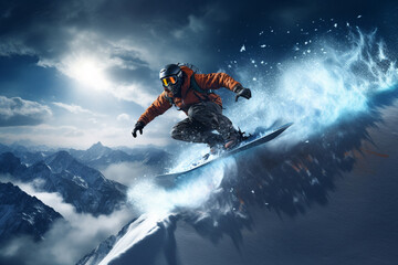 Man playing snowboard on the mountain - obrazy, fototapety, plakaty
