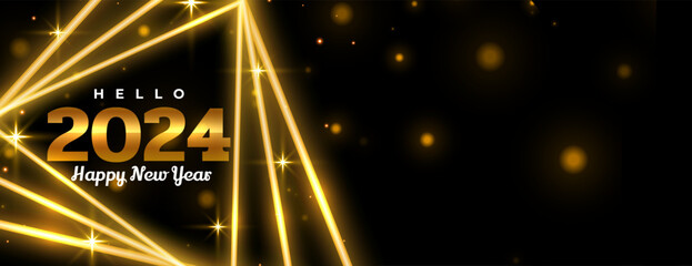 hello 2024 golden lettering new year banner with geometric golden frame - obrazy, fototapety, plakaty