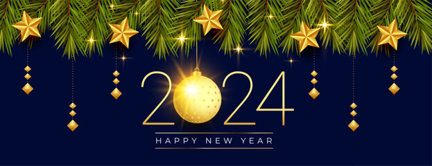 2024 new year bauble banner with xmas star and fir levees decoration
