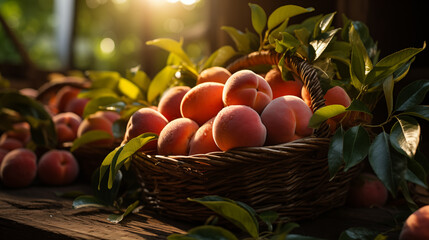 Close-up of freshly picked peaches in a bamboo basket under the sun