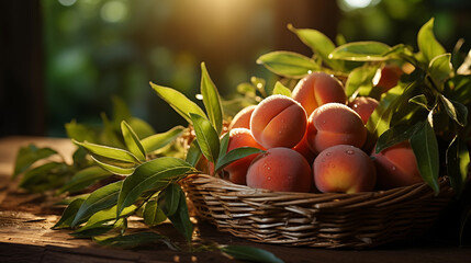 Close-up of freshly picked peaches in a bamboo basket under the sun