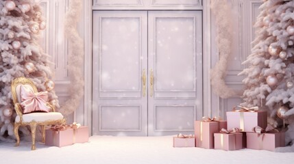 Pink room with Christmas trees, snowflakes, gifts. Christmas cozy stylish room with closed door, without people. Stylish postcard