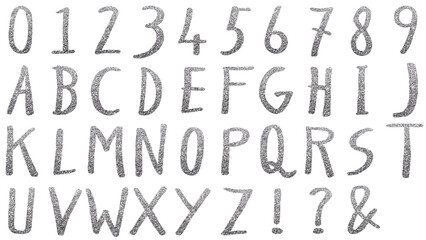 手描きしたアルファベット　ABCからXYZと0から9に!と?と&マーク付き 300dpi PNG形式　ラフな手書き文字テキスト キラキラグリッターのテクスチャを付けました