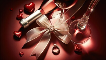 top view heart box, foil heart balloon,wine bottle, ribbon, gift valentine day celebration	