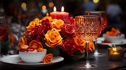 A candlelit dinner for two in a romantic restaurant, valentine’s Day, Valentines Date, 
