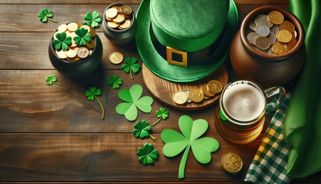 A festive and neatly arranged St. Patrick's Day themed scene on a clean green backdrop with ample copyspace. The composition includes a leprechaun hat, beer, shamrock,golden coin.wooden 
