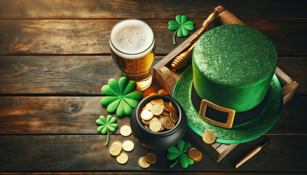 A festive and neatly arranged St. Patrick's Day themed scene on a clean green backdrop with ample copyspace. The composition includes a leprechaun hat, beer, shamrock,golden coin.wooden 
