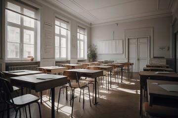 Modern and simple classroom interior, suitable for catalog cover photos in magazines or advertisements. Generative AI