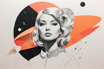 Contemporary minimal collage art. Sketch cosmic girl in creative. space. Pop zine culture