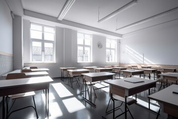 Fototapeta premium Modern and simple classroom interior, suitable for catalog cover photos in magazines or advertisements. Generative AI