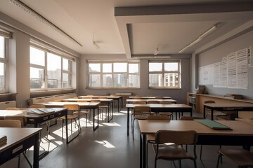 Modern and simple classroom interior, suitable for catalog cover photos in magazines or advertisements. Generative AI