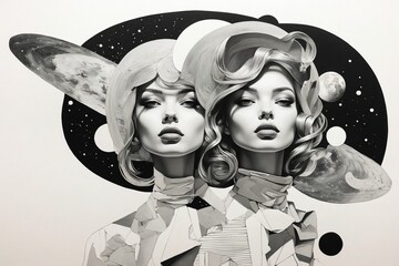 Contemporary minimal collage art. Sketch cosmic girl in creative. space. Pop zine culture