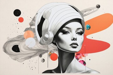 Contemporary minimal collage art. Sketch cosmic girl in creative. space. Pop zine culture