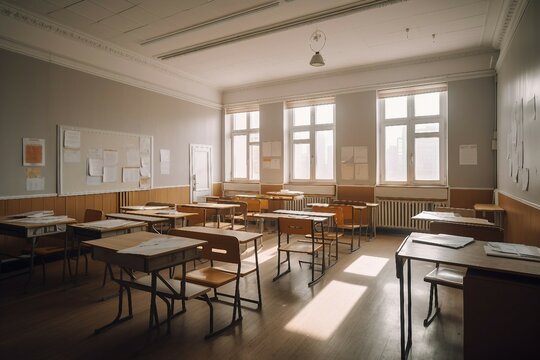 Modern and simple classroom interior, suitable for catalog cover photos in magazines or advertisements. Generative AI