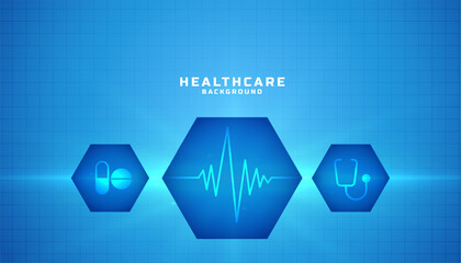 medical and health care blue banner with cardiograph