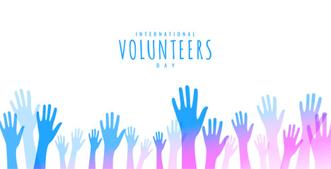 international volunteers day banner with assistant raised hands - obrazy, fototapety, plakaty