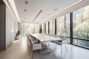 Modern and simple meeting room interior, suitable for catalog cover photos in magazines or advertisements. Generative 