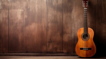 Classical guitar on wooden background with copy space. - obrazy, fototapety, plakaty