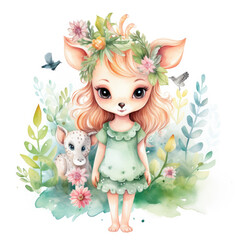 Safari Animal set little fairie in colorful dresses Illustration, Generative Ai