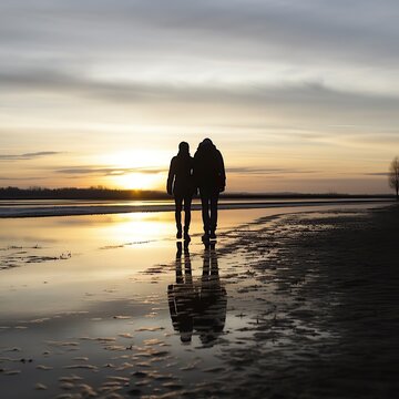 A couple holding hands and walking on a beach at sunset, valentine’s Day, Valentines Date
