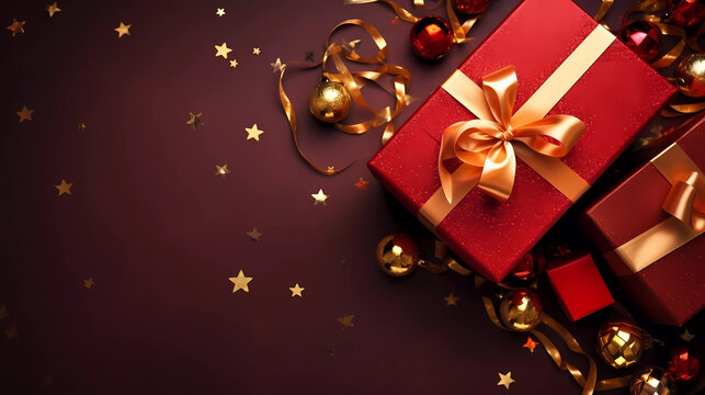 Top view of red giftbox with Christmas decorations,golden star glitter,ribbin ,ornaments.Festive season background.