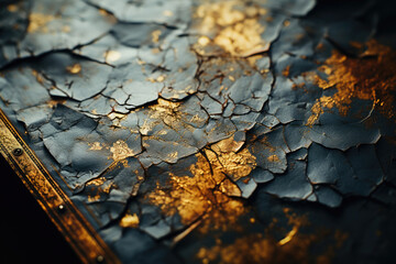 Close-up image of a textured surface with crackled gold and blue paint, creating a luxurious...