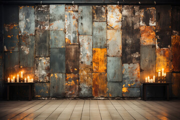 Fototapeta na wymiar Rustic metal wall with weathered textures and lit candles adding warmth to an antique industrial ambiance.