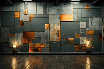 A modern interior with abstract metal wall design, illuminated by warm lights, creating a luxurious...
