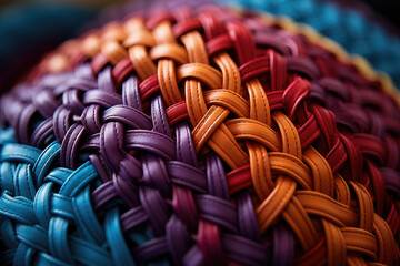 Obraz premium Close-up of a colorful woven texture with a beautiful intricate handmade pattern, perfect for vibrant backgrounds.