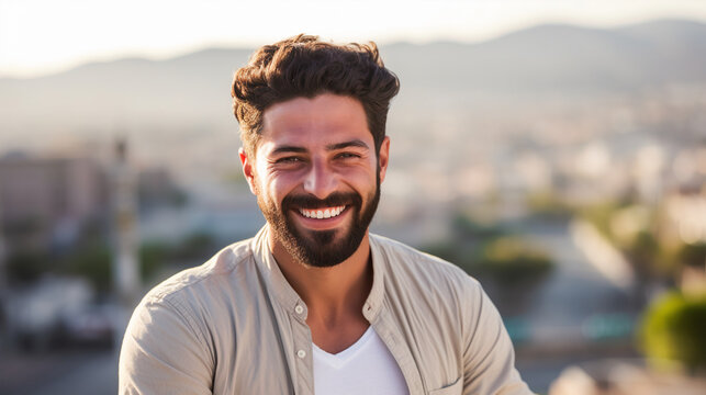Portrait of Iranian man in front of Iranian city