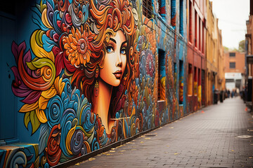 A stunning street art mural of a vibrant woman, painted on an urban alley wall, brings life and...