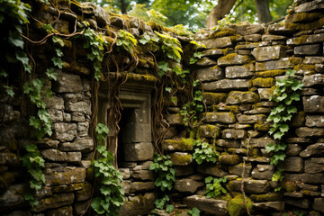 An old stone wall with green ivy and moss growing over it, depicting a serene and ancient natural setting. - obrazy, fototapety, plakaty