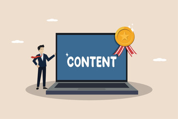 Content strategy for advertising and marketing, social media ideas, online business marketing, businessman standing with computer with the word content.