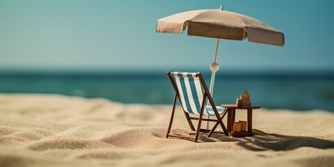 miniature beach chair on the beach with an umbrella, generative AI - obrazy, fototapety, plakaty