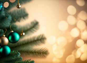 Christmas background with decorative fir tree on blurred neon light background with bokeh