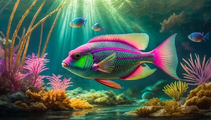 Tropical fish wallpaper illustration - obrazy, fototapety, plakaty
