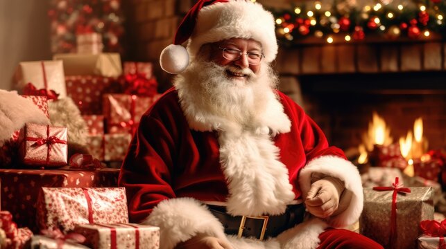 Santa Claus relaxing by a cozy fireplace after Christmas, surrounded by unwrapped gifts, in sunny indoor 